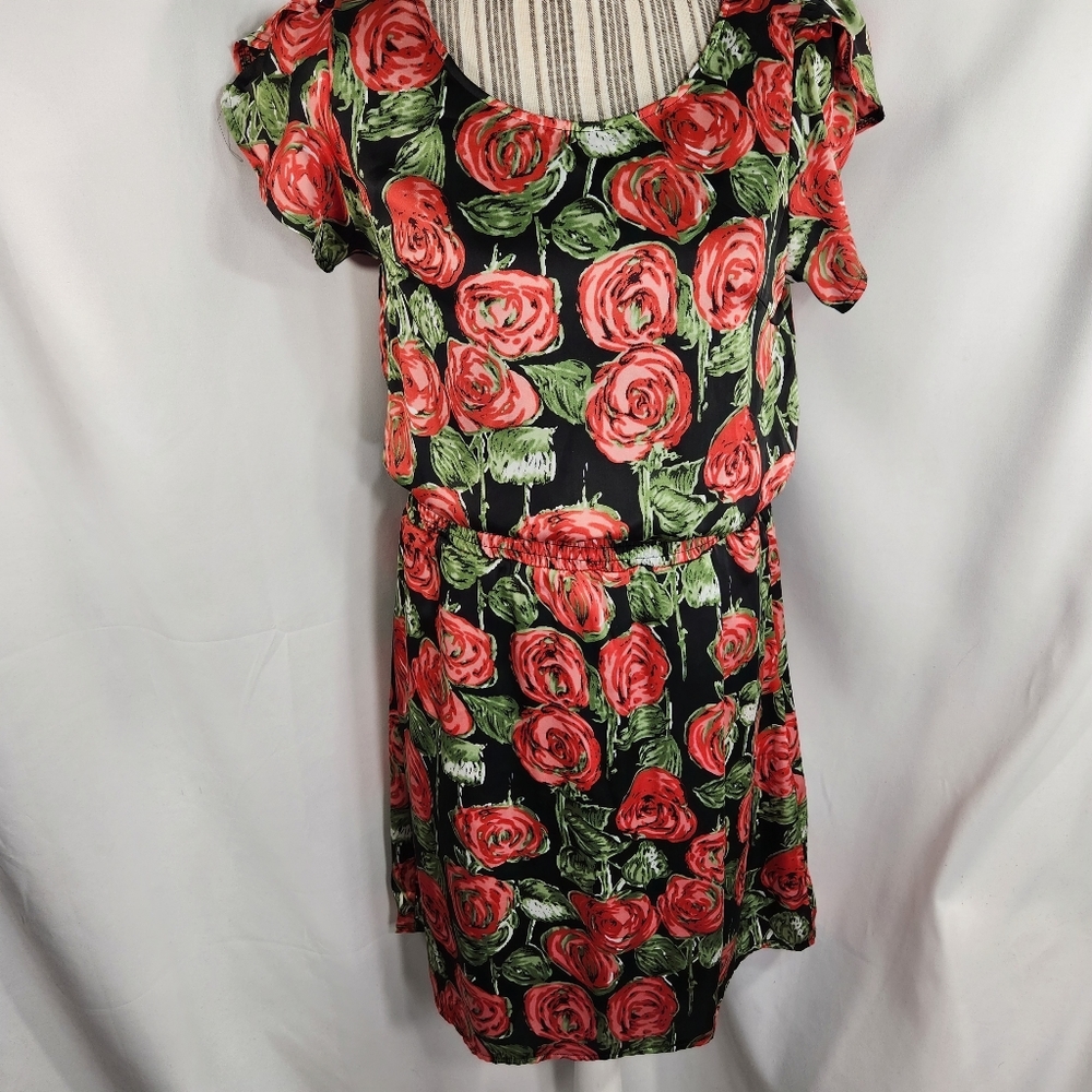 Annabella Rose Pattern Split Cap Sleeve Elastic Waist Dress Size Large
